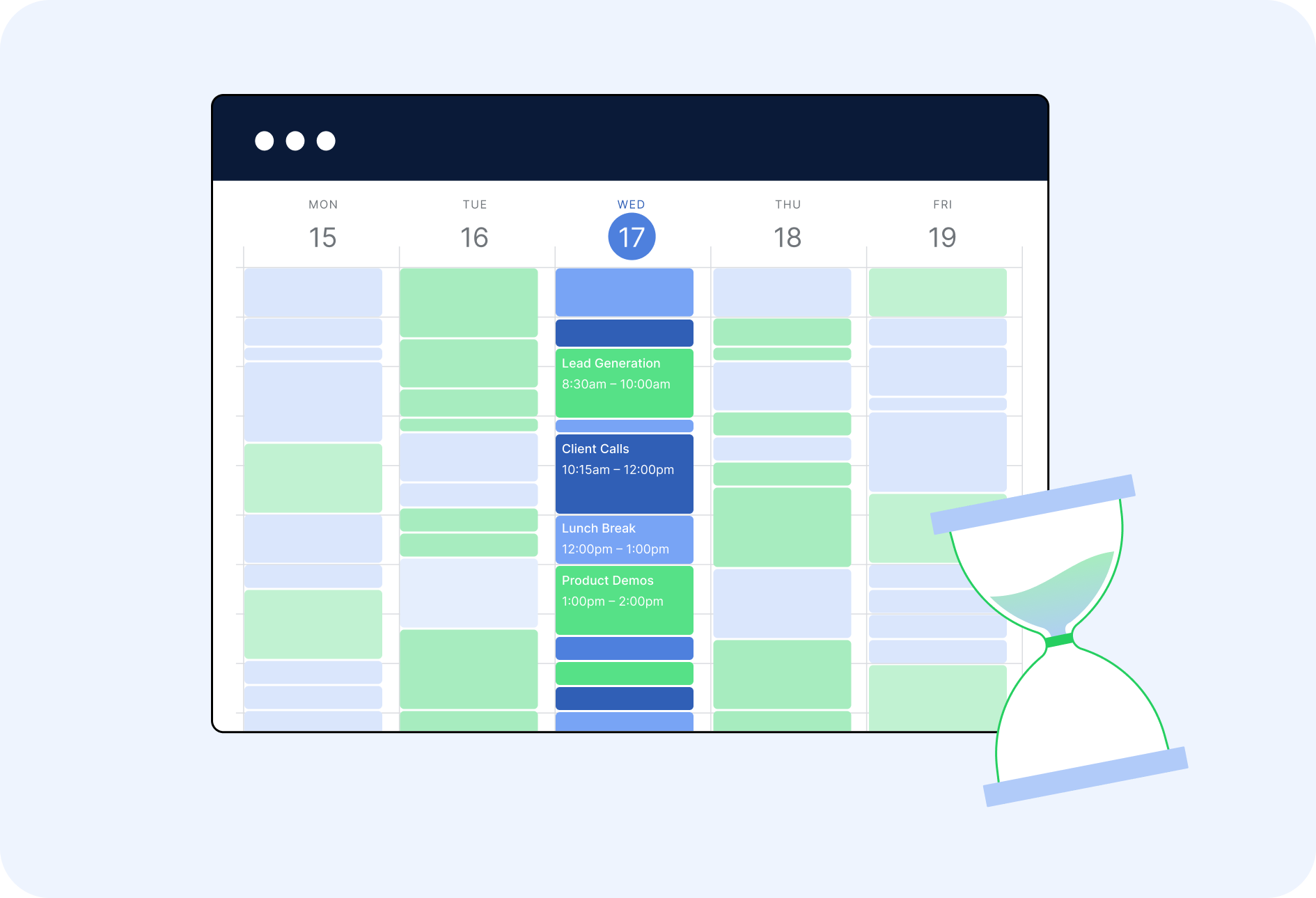 Visual timeline alternating between work focus blocks and movement break segments throughout a balanced day